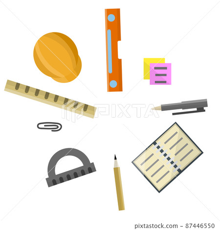 Set of school tools. Notepad, pen and protractor. Technical education. Set of school tools. Notepad, pen and protractor. Technical education. 87446550