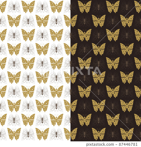 Butterfly geometrical grid seamless pattern. Outline contour line, silhouette images, gold beige brown color palette. Easy editable background. Vector 87446781