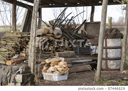 Firewood stacked in a pile on a farm Firewood stacked in a pile on a farm 87446829