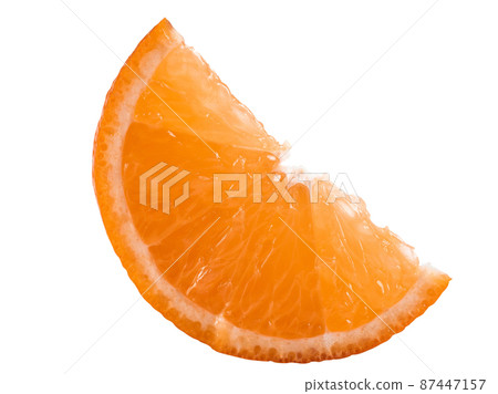 Slice of a ripe orange isolated on white background with copy space for text or images. Fruit with juicy flesh. Side view. Close-up shot. 87447157