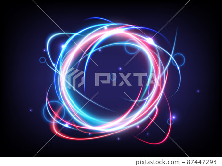 Technology glowing swirl light effect. Magic abstract frame ring. Power energy of circular element. Luminous sci-fi. Shining blue and red neon lights cosmic. Futuristic swirl universe trail effect 87447293