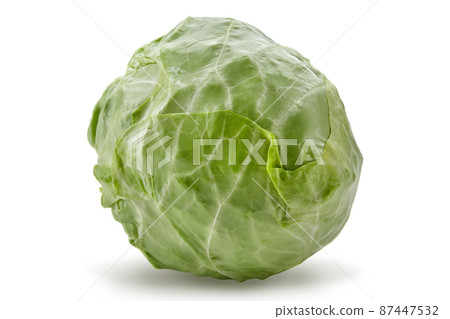 Whole, light green cabbage isolated on white background. Smooth-leafed vegetable, fresh crop. Close up, copy space 87447532