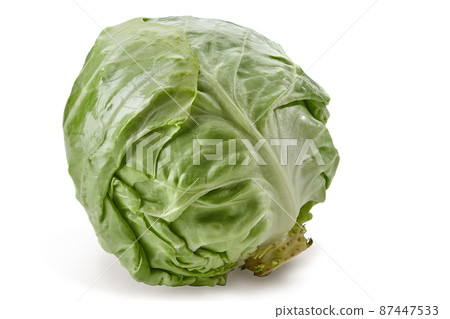 Whole, white-headed cabbage isolated on white background. Smooth-leafed vegetable, ripe harvest. Close up, copy space 87447533