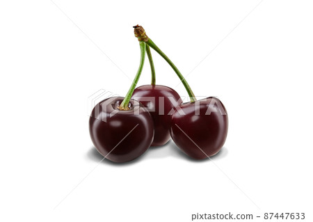 Three burgundy sweet cherries with stems isolated on white background. Close up, side view Three burgundy sweet cherries with stems isolated on white background. Close up, side view 87447633