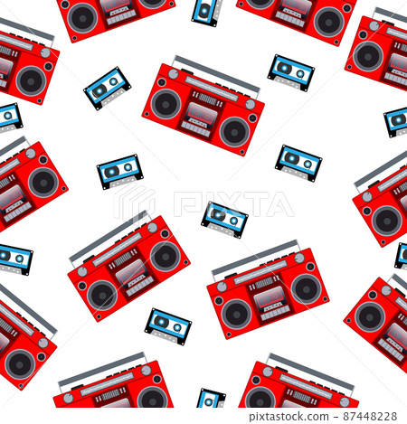 An analog portable tape recorder and audio cassette on a white background. 87448228