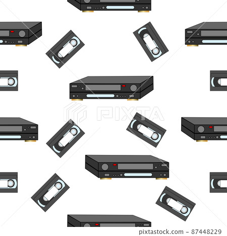 An analog VCR and videotape on a white background. 87448229