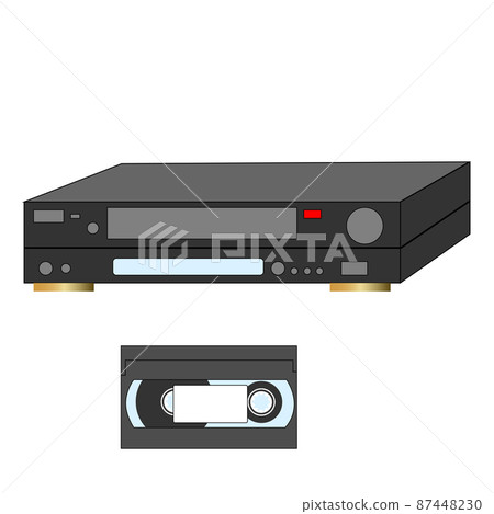 An analog VCR and videotape next to it. 87448230