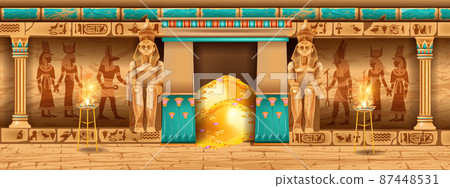 Egypt temple background, vector game pyramid stone wall, ancient pharaoh tomb interior, god outline 87448531
