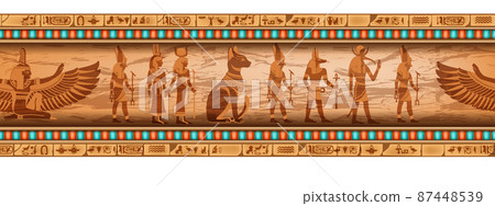 Egypt seamless border, goddess silhouette, vector ancient ethnic ornament frame design. Egypt seamless border, goddess silhouette, vector ancient ethnic ornament frame design. 87448539