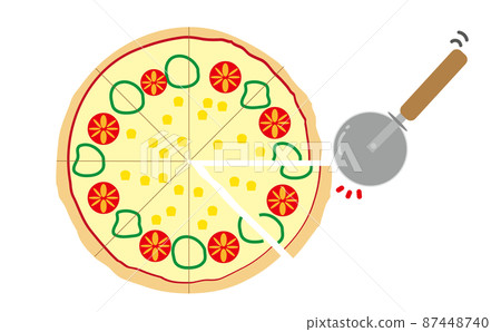 用比薩刀切割新鮮製作的瑪格麗塔比薩餅的插圖罩插圖。外賣披薩外賣 87448740