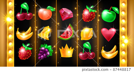 Casino slot fruit game icon set, vector gambling machine background, light bulbs, 3D lucky objects Casino slot fruit game icon set, vector gambling machine background, light bulbs, 3D lucky objects 87448817