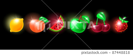 Casino slot fruit icon kit, glossy fresh apple, cherry, vector game gambling machine badge set.  87448818