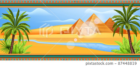 Egypt temple pyramid landscape, vector pharaoh background, Africa desert horizontal view, Nile river 87448819