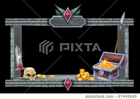 Stone game frame, vector UI rock screen design element, medieval castle brick, gold coins, trunk 87448849
