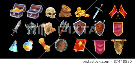 Fantasy game vector icon set, medieval UI game badge, wooden warrior shield, full gold chest, potion 87448850