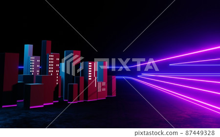3d render of RGB neon light on darkness background. Abstract Laser lines show at night. Ultraviolet spectrum beam scene 87449328