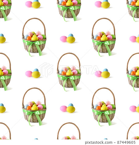 Easter wicker basket with pastel colorful eggs isolated on white. Easter wicker basket with pastel colorful eggs isolated on white. 87449605