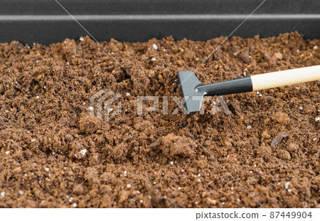 Planting seedlings at home. Tray with soil and rake for planting. Selective focus. Close view. Copy space. Planting seedlings at home. Tray with soil and rake for planting. Selective focus. Close view. Copy space. 87449904