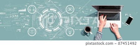 Podcast theme with person using laptop Podcast theme with person using laptop 87451492