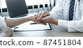 Image of doctor holding patient's hand to encourage, talking with patient cheering and support, healthcare and medical assistant 87451804