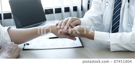 Image of doctor holding patient's hand to encourage, talking with patient cheering and support, healthcare and medical assistant 87451804