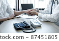 Image of doctor holding patient's hand to encourage, talking with patient cheering and support, healthcare and medical assistant 87451805