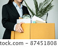 Business woman employee in suit stressful resignation from job while picking up personal belongings 87451808