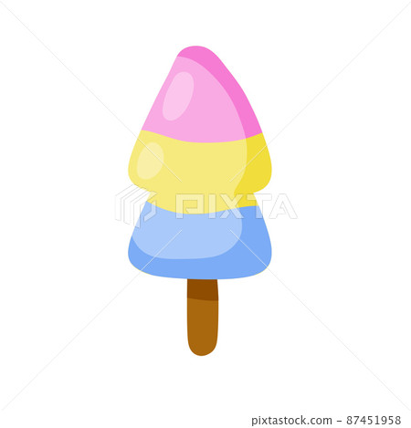 Ice cream on stick. Summer dessert. Multi-colored delicacy. Blue, yellow and pink glaze. Flat cartoon illustration 87451958