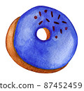 A rosy puffy donut with sweet blue sugar icing and sprinkles. Watercolor boho food illustration isolated on white. Design for greeting card, fabric, textile, wallpaper, menu, packaging, print 87452459
