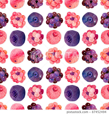Hand-drawn watercolor raspberry cranberry blueberry blackberry seamless pattern. Kidcore cute kawaii papercut background, good for wallpaper, textile, gift or farmers market goods wrapping. Hand-drawn watercolor raspberry cranberry blueberry blackberry seamless pattern. Kidcore cute kawaii papercut background, good for wallpaper, textile, gift or farmers market goods wrapping. 87452494