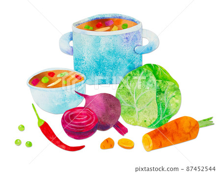 Hand-drawn watercolor papercut vegetable soup ingredients such as carrot, beetroot, cabbage and chili. Cute kidcore style illustration, good for farmers market, products design, stickers or postcards. 87452544