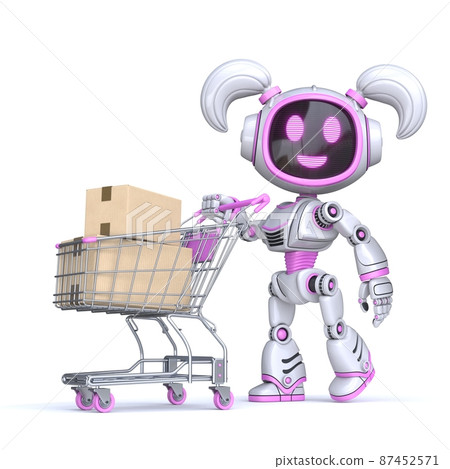 Cute pink girl robot push shopping cart 3D Cute pink girl robot push shopping cart 3D 87452571