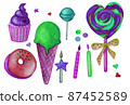 Clipart - lollipop ice cream cupcake candle star. Watercolor food illustration isolated on white. Design for greeting card, fabric, textile, wallpaper, menu, packaging, print, wrapping, baby room. 87452589