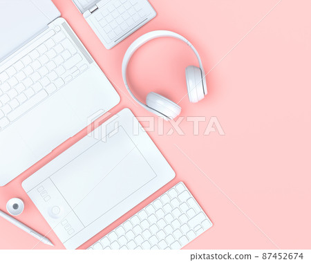 Top view of designer workspace and photography gear on black table background 87452674