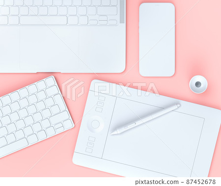 Top view of designer workspace and photography gear on black table background 87452678