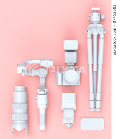 Top view of designer workspace and photography gear on black table background 87452682