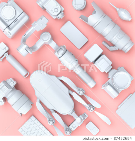 Top view of designer workspace and photography gear on black table background 87452694