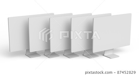Set of desktop computers with blank screen display isolated on white background. Set of desktop computers with blank screen display isolated on white background. 87452829