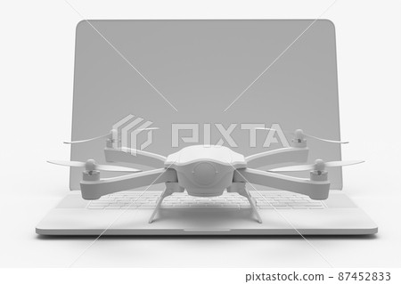 Top view of workspace and photography gear like laptop and drone on white Top view of workspace and photography gear like laptop and drone on white 87452833