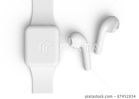 Stainless smart watch or fitness tracker and wireless headphones on white Stainless smart watch or fitness tracker and wireless headphones on white 87452834