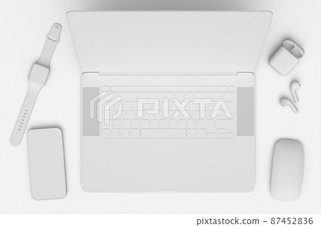Aluminum laptop with mouse, smartwatch, phone and headphones on white 87452836