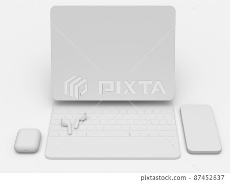 Aluminum laptop with mobile phone headphones on white background 87452837