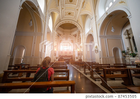 Alberobello, Puglia, Italy. August 2021. Amazing view of the interior of the cathedral Basilica of Saints Cosmas and Damian (Parrocchia Santuario Basilica S.S. Cosma E Damiano) Alberobello, Puglia, Italy. August 2021. Amazing view of the interior of the cathedral Basilica of Saints Cosmas and Damian (Parrocchia Santuario Basilica S.S. Cosma E Damiano) 87453505