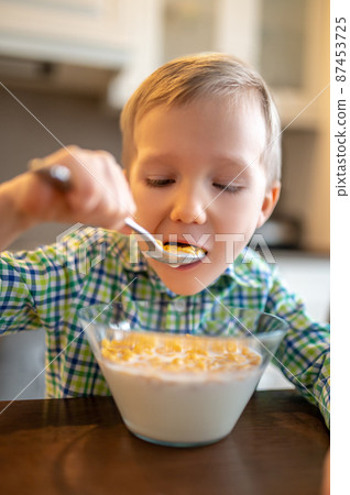 Little boy taking his breakfast in the kitchen Little boy taking his breakfast in the kitchen 87453725