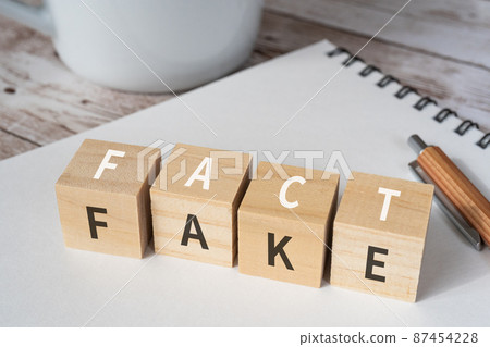 假新聞圖片 | 積木、鋼筆、筆記本、杯子，上面寫著“FACT”和“FAKE” 87454228