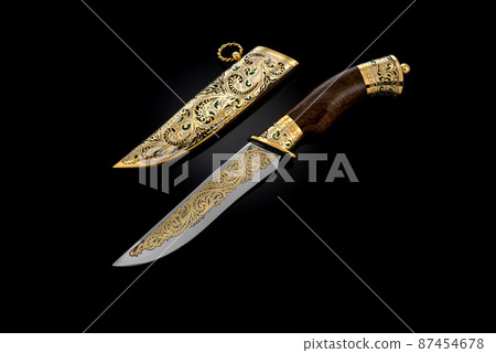 collectible silver dagger with scabbard on black 87454678