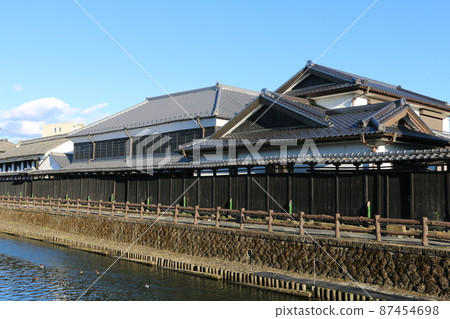 Townscape with continuous warehouses along the Tomoeha River in Tochigi City 87454698