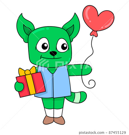 female cat carrying love balloons and valentine gifts, doodle icon image kawaii 87455129