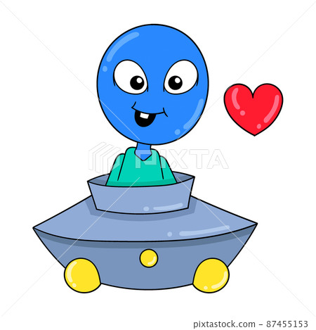 aliens are flying driving ufo with love, doodle icon image kawaii 87455153