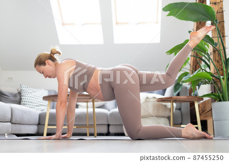 Young beautiful pregnant woman training pilates at home in her living room. Healthy lifestyle and active pregnancy and motherhood concept. Young beautiful pregnant woman training pilates at home in her living room. Healthy lifestyle and active pregnancy and motherhood concept. 87455250